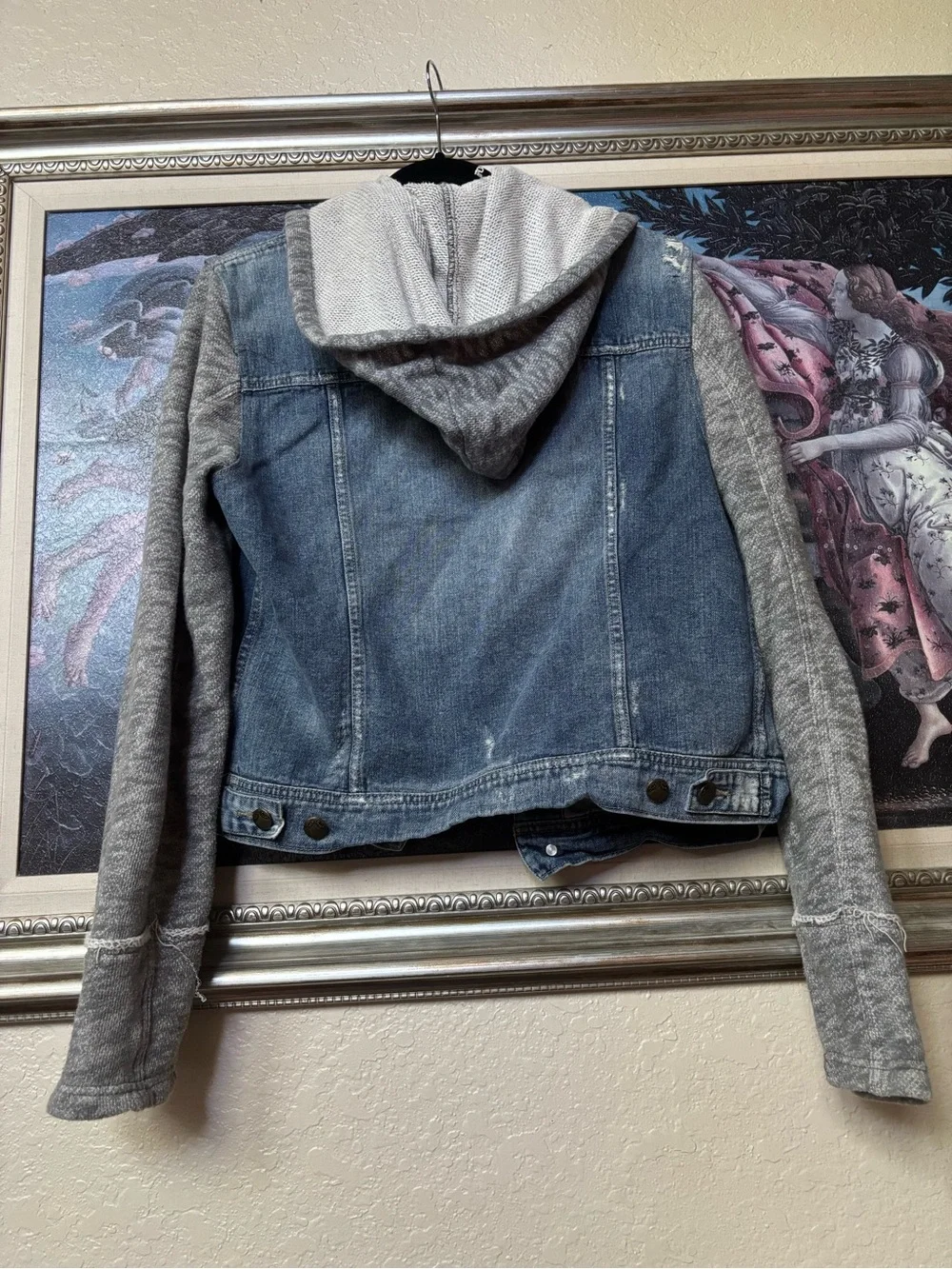 Free People denim jacket with knit hoodie in blue and gray - Picture 11 of 11